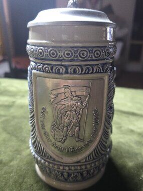 Vintage German Salt Glaze Beer Stein Cobalt Blue Knight Pewter Lid